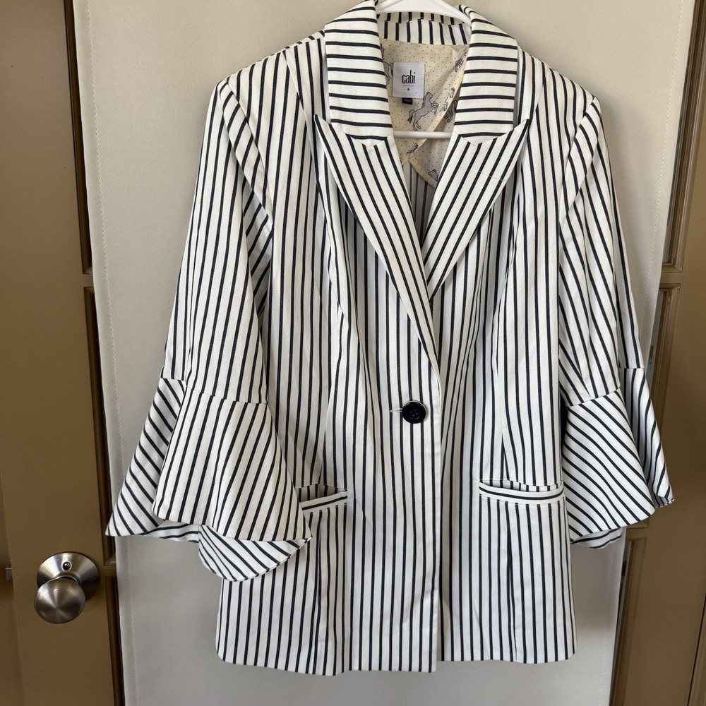 Cabi Womens‎ 4 Blue White Stripe Bell Sleeve Blazer Jacket Coat Style # 5295